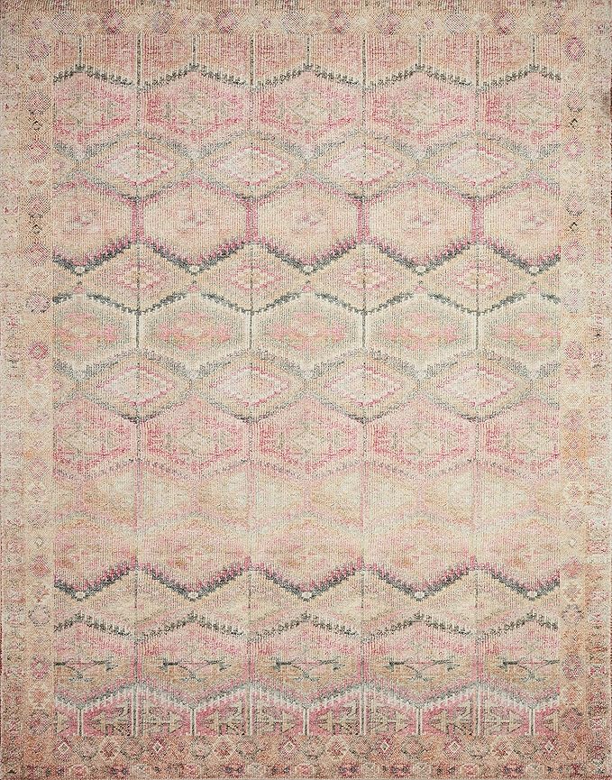 Loloi Layla Collection LAY-17 Pink/Lagoon 5'-0" x 7'-6" .13" Thick Area Rug, Soft, Durable, Vintage Inspired, Distressed, Low Pile, Non-Shedding, Easy Clean, Printed, Living Room Rug