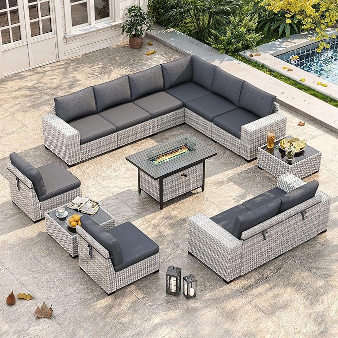 13 Piece Outdoor Wicker Rattan Sectional Sofa Set with 55,000 BTU Fire Pit Table, 10-Seats with 4" Thickened Cushions & Coffee Table, All-Weather PE Rattan for Garden, Backyard, Porch, Black