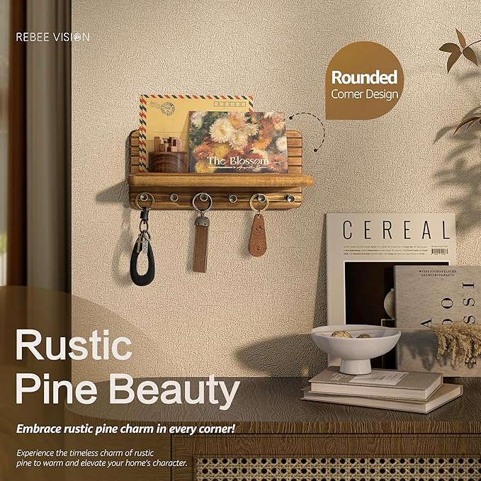 Rebee Vision Farmhouse Key Holder Wall Mount for Home Decor – Decorative 11-inch Pine Wooden Key Holder for Wall with 6 Hooks & Floating Shelf - Apartment Essentials for Tidy Space (Light Brown)