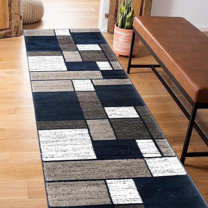 Rugshop Modern Geometric Boxes Navy Area Rug, Carpet with Jute Backing for Hallway, Entryway, or Laundry Room, 2' x 7'2"