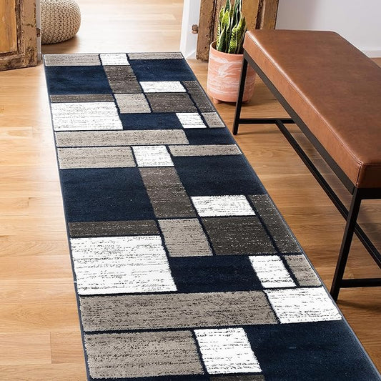 Rugshop Modern Geometric Boxes Navy Area Rug, Carpet with Jute Backing for Hallway, Entryway, or Laundry Room, 2' x 7'2"