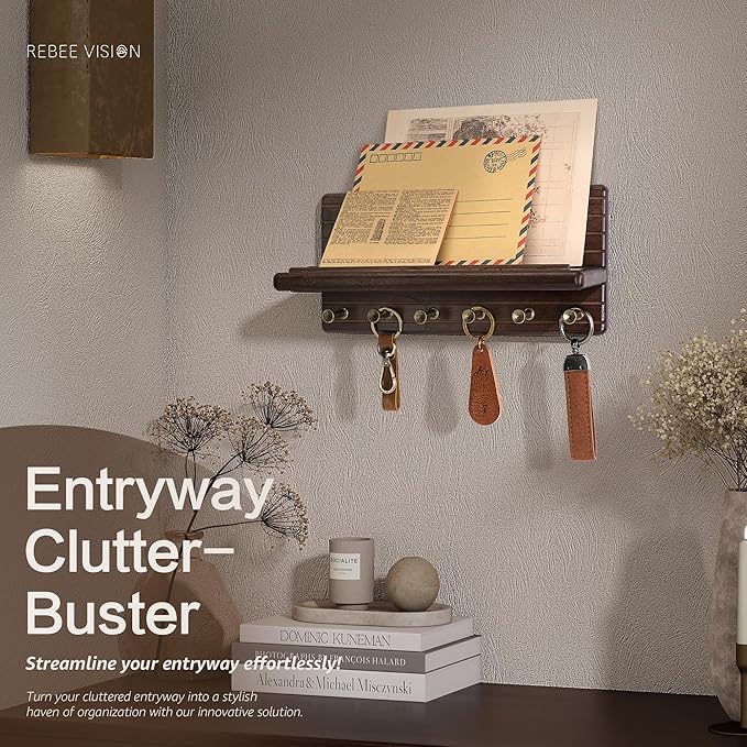 Rebee Vision Acacia Wood Key Holder Wall Mount - Farmhouse Key Holder for Wall with 6 Hooks & Floating Shelf - Apartment Essentials for Home Decor Living Room (Black Walnut)