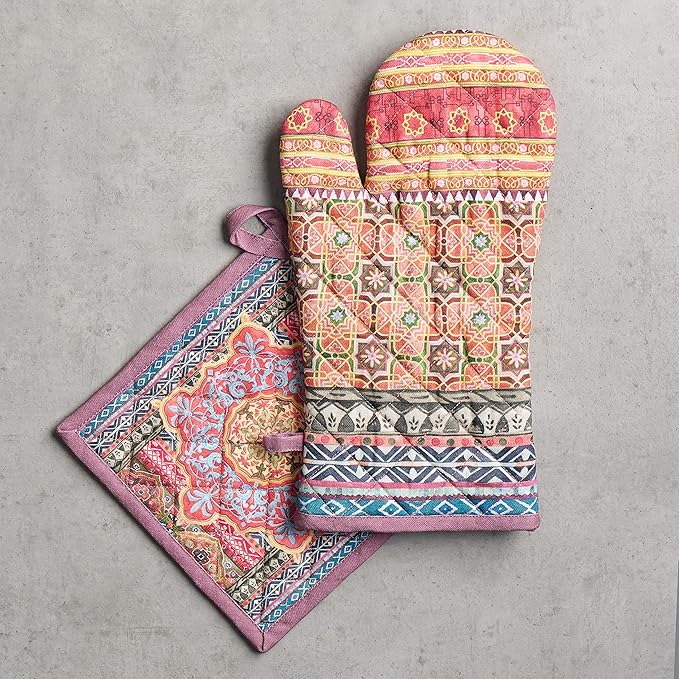 Maison d' Hermine 100% Cotton Oven Mitt & Pot Holder Set (7.5"x13" & 8"x8") Heat Resistant BBQ Cooking Gloves with Loop for Thanksgiving Christmas Decorations Handling Hot Pans (Ispahan)