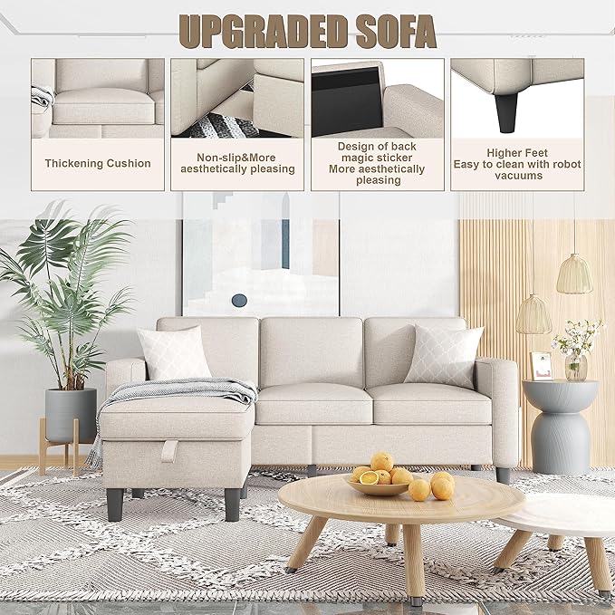 ZeeFu Couch for Living Room - 78'' 3 Seat L-Shaped Sectional Sofa Couches with Storage Ottoman - Modern Small Space Upholstered Furniture Sofa Set for Office Small Space Apartment Bedroom