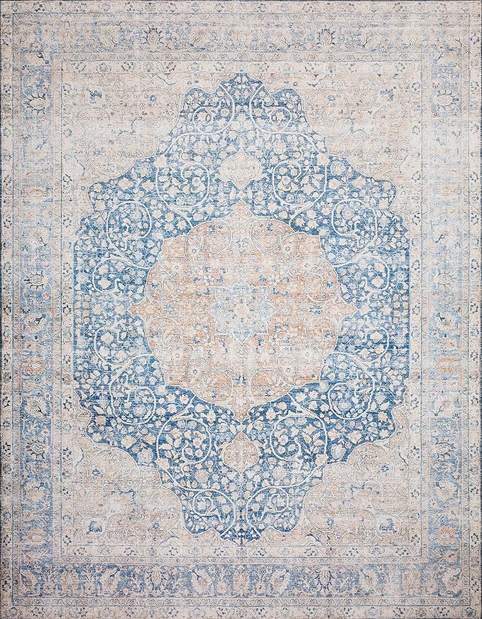 Loloi Layla Collection LAY-07 Blue/Tangerine 7'-6" x 9'-6" .13" Thick Area Rug, Soft, Durable, Vintage Inspired, Distressed, Low Pile, Non-Shedding, Easy Clean, Printed, Living Room Rug