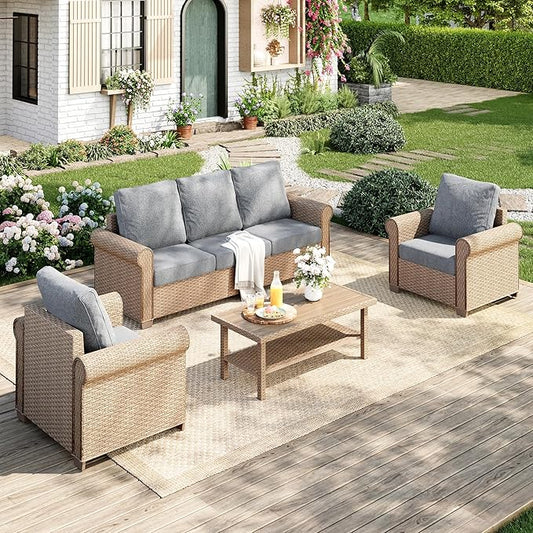 Patio Furniture Set 4 pcs, Wicker Outdoor Patio Furniture, 3-Seat Sofa, 2 Single Sofa and Coffee Table, Rattan Patio Conversation Set for Backyard Deck, Grey