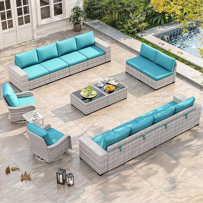 15 Piece Outdoor Wicker Rattan Sectional Sofa Set with Swivel Chairs, 12-Seats Conversation Set with 4" Thickened Cushions & Coffee Table, All-Weather PE Rattan for Garden, Backyard, Porch, Navy