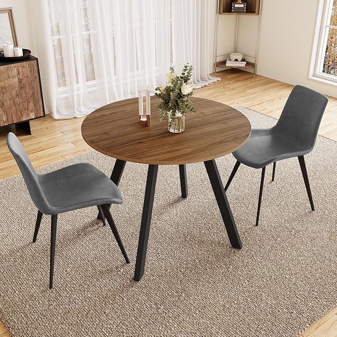 34.6'' Dining Table and Chairs for 2, Mid Century Modern Round Table Set, Space Saving for Apartment Kitchen Dining Room (Walnut Table+2 Grey Chairs)