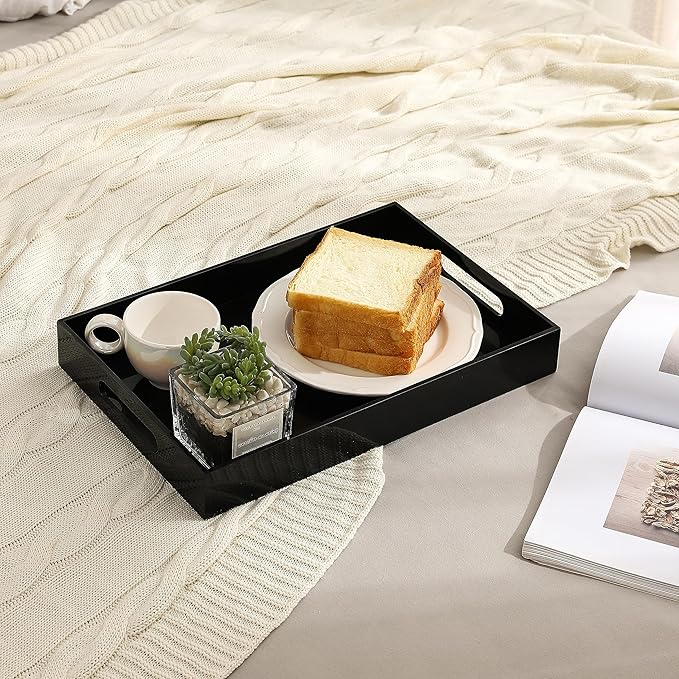 Glossy Black Sturdy Acrylic Serving Tray with Handles-10x15Inch-Serving Coffee,Appetizer,Breakfast,Butler-Kitchen Countertop Tray-Makeup Drawer Organizer-Vanity Table,Ottoman Tray-Decorative