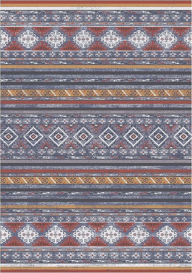 RUGSURE Washable Area Rugs 4' x 6' - 1/6 Thick - Moroccan-Inspired -Stain & Water Resistant Non-Slip - Resistant Rug for Living Room, Bedroom, Nursery, Pet & Child Friendly (Blue and Red)