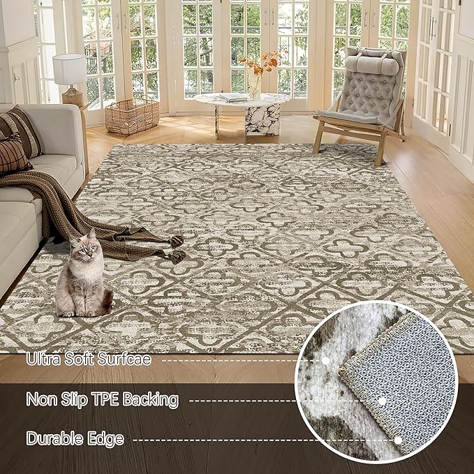 RUGSURE Washable Area Rugs, 4' x 6' - 1/6 Thick - Stain & Water Resistant Non-Slip - Perfect Resistant Rug for Living Room, Bedroom, Nursery, Pet & Child Friendly, Vibrant Colors Rugs, Brown
