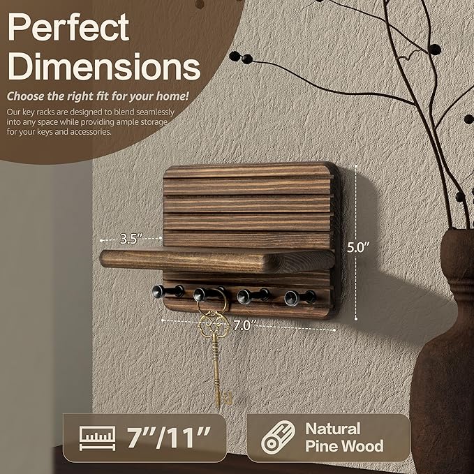 Rebee Vision Small Farmhouse Key Holder Wall Mount for Home Decor – Mini 7-inch Wooden Key Holder for Wall with 4 Hooks & Floating Shelf - Apartment Essentials for a Tidy & Trendy House (Brown)