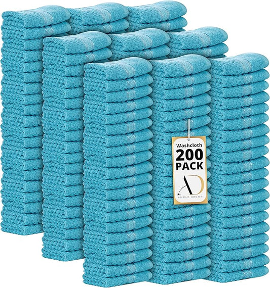 Ample Decor Washcloth Set of 200 Sky Blue 100% Cotton - Qucik Dry Popcorn Textured - Mulaayam Collection - 12 X 12 Inch