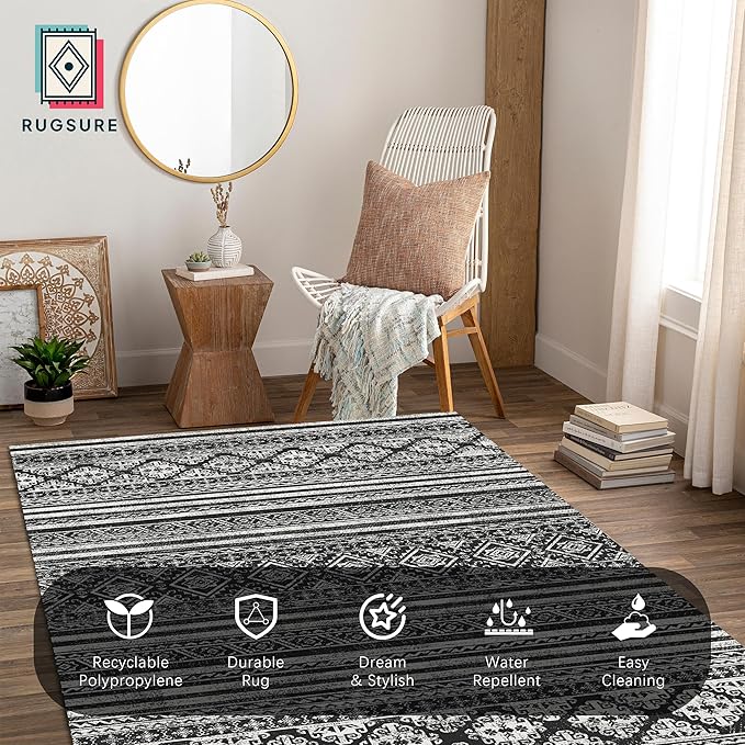 RUGSURE Washable Area Rugs 6' x 9' - 1/6 Thick - Moroccan-Inspired -Stain & Water Resistant Non-Slip - Resistant Rug for Living Room, Bedroom, Nursery, Pet & Child Friendly (Black)