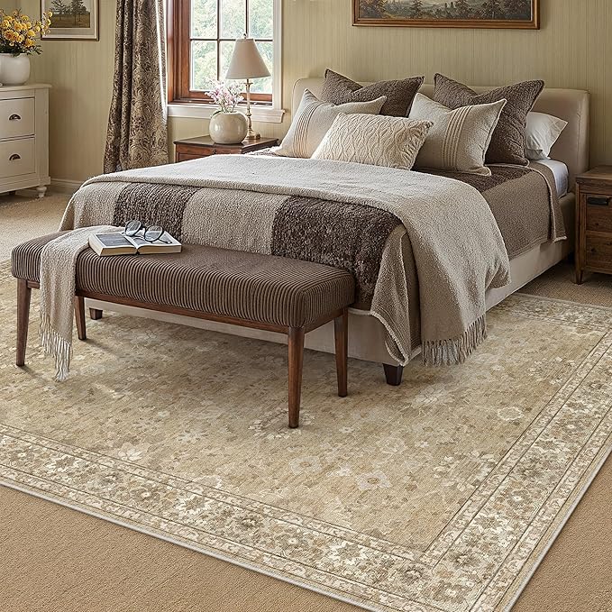 6x9 Brown Area Rug Non Slip Vintage Living Room Distressed Machine Washable Carpet Retro Indoor Bedroom Traditional Floral Accent Throw Rug for Office Kitchen Dorm Dining Room