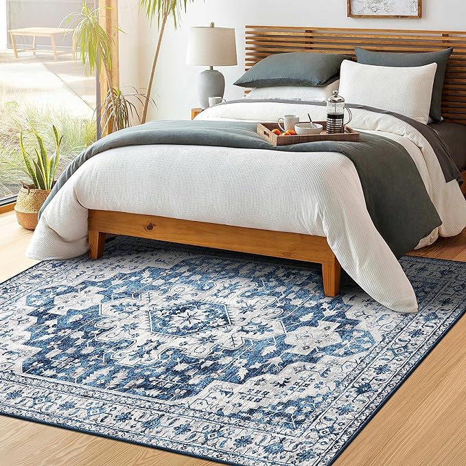 Moynesa Ultra-Thin Washable Vintage Area Rug - 4x6 Living Room Rug for Bedroom Office, Low Pile Non Slip Oriental Laundry Bathroom Mat Indoor Floor Carpet for Entrance Kitchen Mudroom