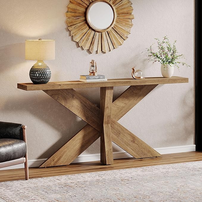 Tribesigns 70.9 Inches Long Sofa Table Behind Couch, Farmhouse Console Entry Table with Wooden Geometric Base for Entryway, Living Room, Oak Brown
