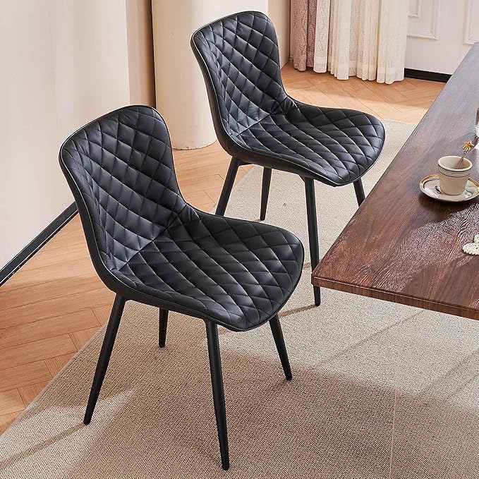 YOUTASTE Black Dining Chairs Set of 2, PU Leather Upholstered Mid-Century Modern Chair, with Thick Padded Back and Metal Legs, for Kitchen, Dining Room, Vanity, or Guest Waiting Room