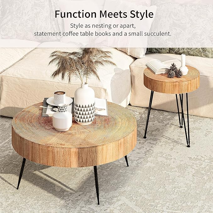COZAYH 2-Piece Modern Farmhouse Living Room Coffee Table Set, Nesting Table Round Natural Finish with Handcrafted Wood Ring Motif, Light Red + Wood Color