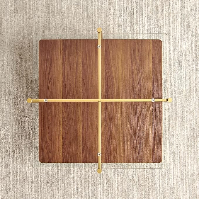 X-Large Oval Glass Coffee Table, Mid-Century Modern Design, L47 x W24 x H17 inch, for Living Room, Clear Glass Top and Walnut Finish Wood Shelf, Conical Legs with Gold Finish Frame