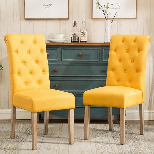 Roundhill Furniture Habit Solid Wood Tufted Parsons Yellow Dining Chair, Set of 2,