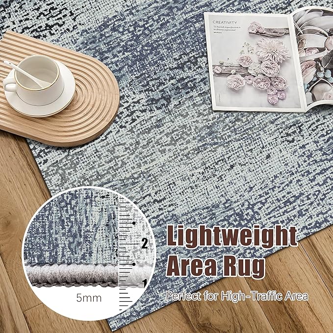 RUGSURE Washable Area Rug - 1/6 Thick - Stain & Water Resistant Non-Slip - Resistant Rug for Living Room, Bedroom, Nursery, Pet & Child Friendly, Vintage Charm Area Rugs (Grey+LightTeal, 4' x 6')