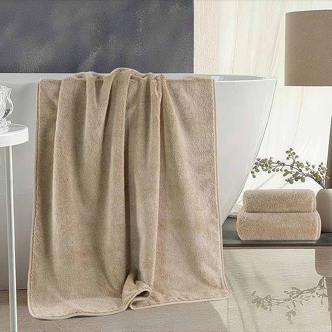 Ring Spun Terry Microfiber Bath Towel Set, 3 Piece, Oversize, Quick Dry, Lint Free, Includes Bath, face, and Hand Towels (Beige)