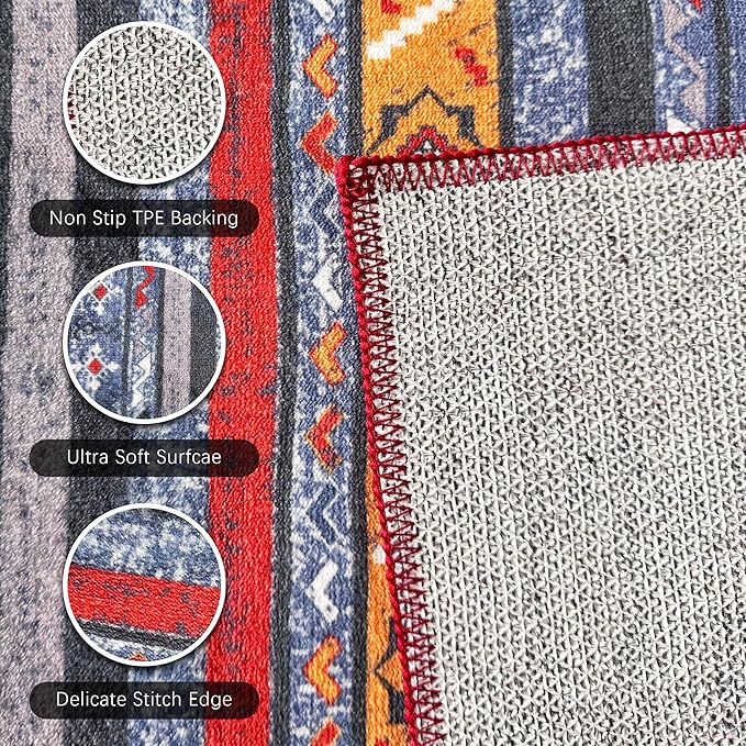 RUGSURE Washable Area Rugs 5' x 7' - 1/6 Thick - Moroccan-Inspired -Stain & Water Resistant Non-Slip - Resistant Rug for Living Room, Bedroom, Nursery, Pet & Child Friendly (Blue and Red)