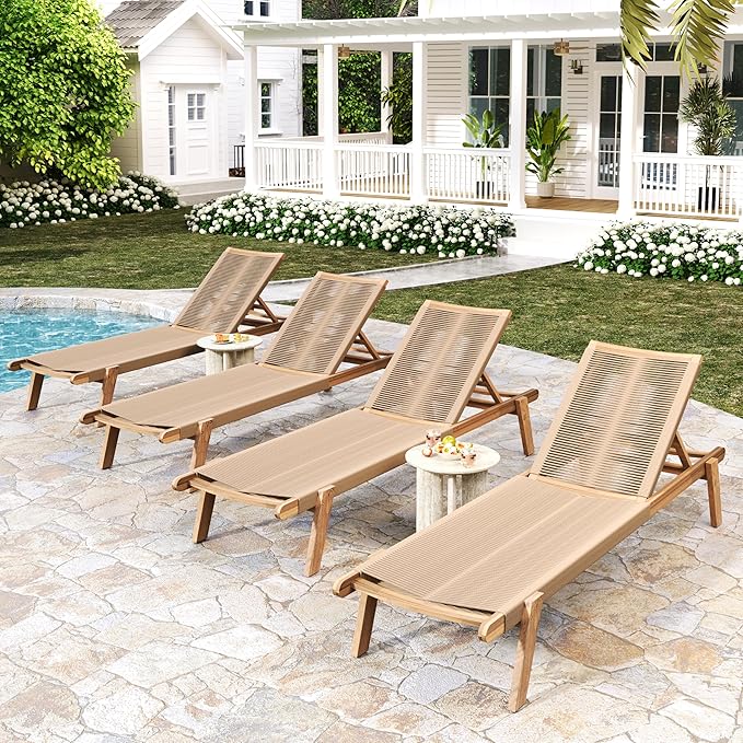 Christopher Knight Home Lurelala Set of 4 Outdoor Patio Wood Adjustable Chaise Lounges with Rope Seating, Rope Chaise Lounge with Acacia Wood Frame, Chaise Lounge for Poolside Balcony, Teak+Beige