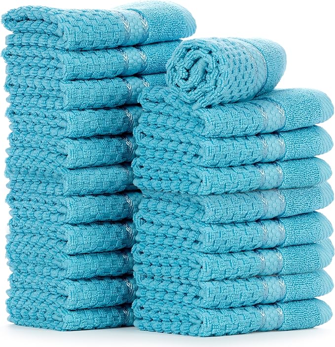 Ample Decor Washcloth Set of 20 Sky Blue 100% Cotton - Qucik Dry Popcorn Textured - Mulaayam Collection - 12 X 12 Inch