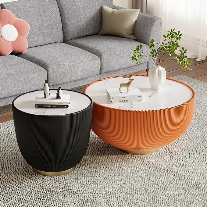 Round Coffee Table Set with Sintered Stone Tabletop, 29.53" Orange Drum Center Table and 19.69" Black Coffee Table Set, 2 Pieces Living Room Table Set with Fluted PU Leather Cover& Metal Base
