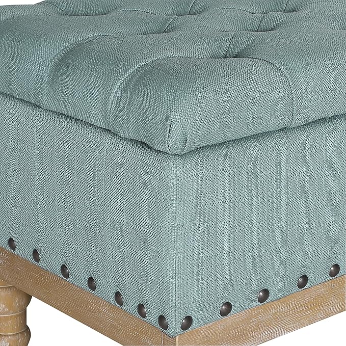OSP Home Furnishings Landis Button Tufted Padded Top Storage Bench with Brushed Legs, Sea Blue Fabric
