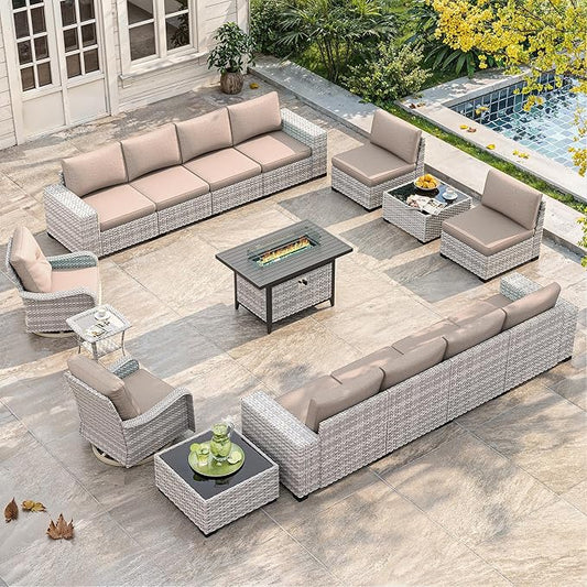 16 Piece Outdoor Wicker Rattan Sectional Sofa Set with Swivel Chairs & Fire Pit Table, 12-Seats with 4" Thickened Cushions & Coffee Table, All-Weather PE Rattan for Garden, Backyard, Porch, Beige