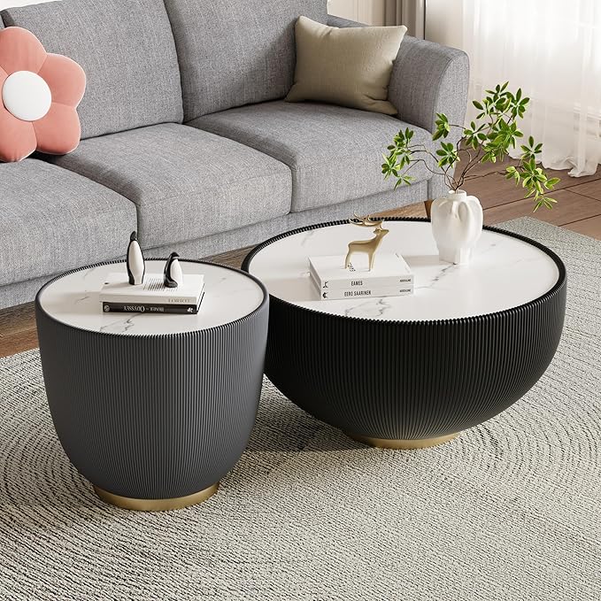 Round Coffee Table Set with Sintered Stone Tabletop, 27.56" Black Drum Center Table and 19.69" Grey Coffee Table Set, 2 Pieces Living Room Table Set with Fluted PU Leather Cover& Metal Base