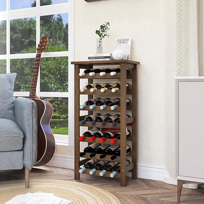 SMIBUY Bamboo Wine Rack, 28 Bottles Display Holder with Table Top, 7-Tier Free Standing Storage Shelves for Kitchen, Pantry, Cellar, Bar (Walnut)