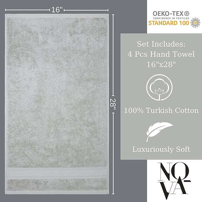 NOVA Luxury Linen - Hotel Quality Turkish Towel Set for Bathroom (4 Pcs Hand Towel Set, Mirage Grey)