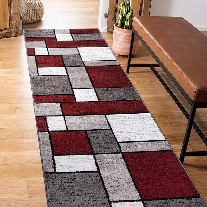 Rugshop Modern Geometric Boxes Red Area Rug, Carpet with Jute Backing for Hallway, Entryway, or Laundry Room, 2' x 7'2"
