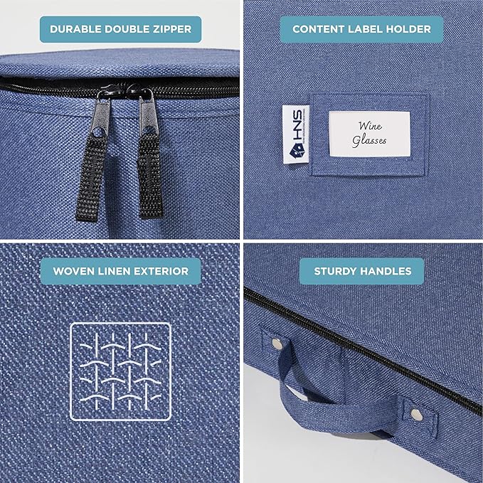 Hard Shell China Storage Containers 12-Piece Set Moving Boxes for Dinnerware, Glasses, Plates, Mugs and Saucers Sturdy Dish Organizer with Dividers for Seasonal Storage - Service for 12 - Denim Blue