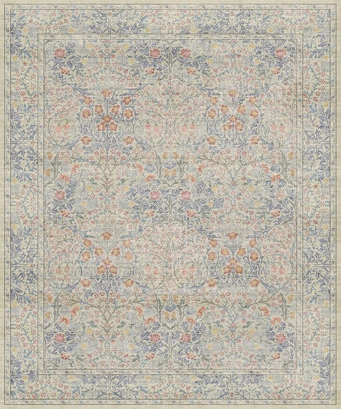 Vintage Washable Beige Blue 10x12 Rug for Living Room - Extra Large Area Rug for Dining Room Under Table, Bedroom - Botanical Floral Design with Purple Accent, Non-Slip Lightweight Soft Low Pile