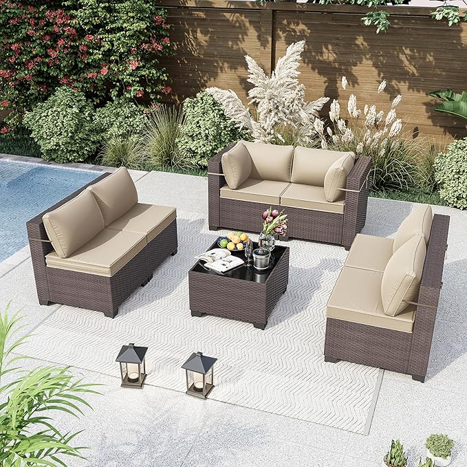 Kurapika 7 Pieces Patio Furniture Set, Rattan Wicker Outdoor Conversation Sets w/4 Inch Cushion and Glass Coffee Table(Sand)