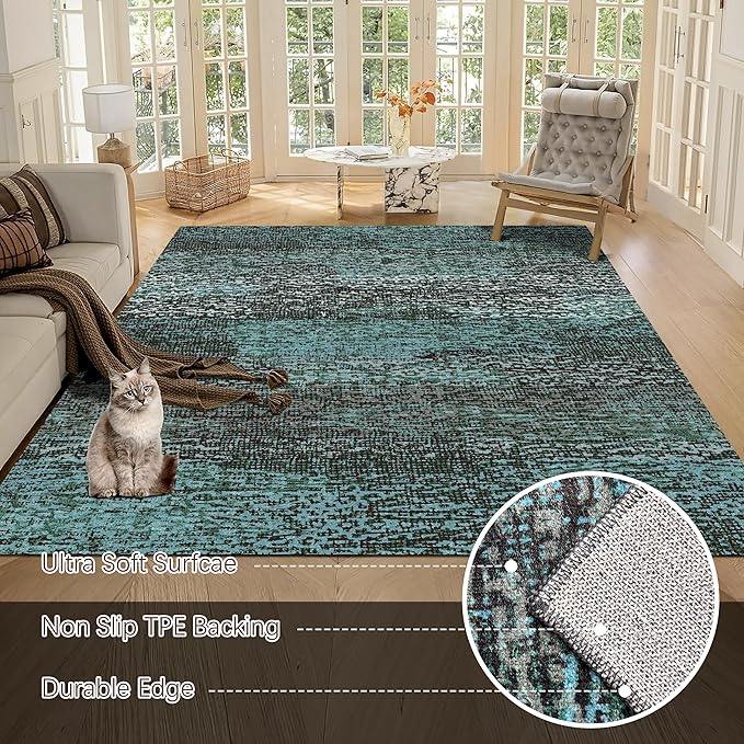 RUGSURE Washable Area Rug - 1/6 Thick - Stain & Water Resistant Non-Slip - Resistant Rug for Living Room, Bedroom, Nursery, Pet & Child Friendly, Vintage Charm Area Rugs (Green, 9' x 12')