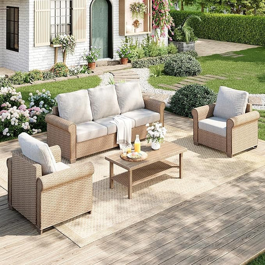 Patio Furniture Set 4 pcs, Wicker Outdoor Patio Furniture, 3-Seat Sofa, 2 Single Chairs and Coffee Table, Rattan Patio Conversation Set for Backyard Deck, Beige