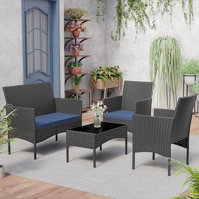 Kurapika Patio Furniture Set 4 Pieces Outdoor Wicker Rattan Chairs Conversation Sets w/Coffee Table, Rocking Bistro Set, for Patio Backyard Lawn (Navy Blue)