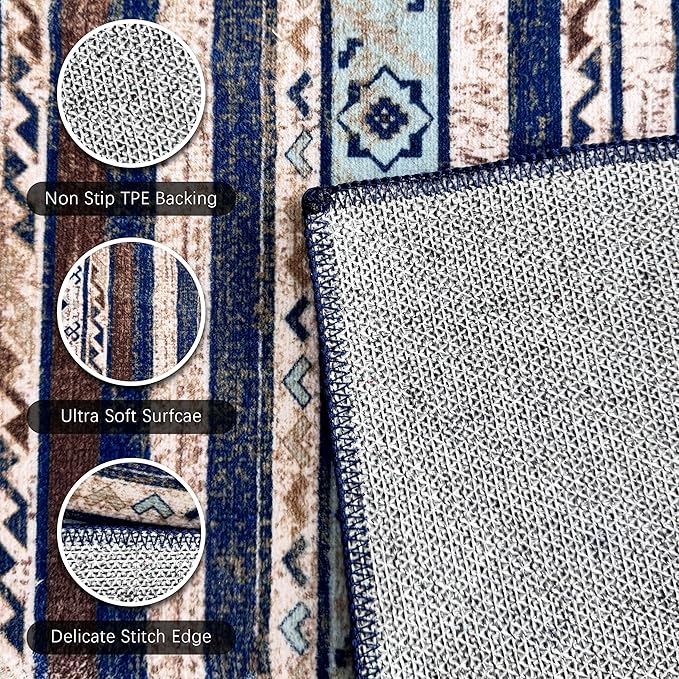 RUGSURE Washable Area Rugs 2'6'' x 8' - 1/6 Thick - Moroccan-Inspired -Stain & Water Resistant Non-Slip - Resistant Rug for Living Room, Bedroom, Nursery, Pet & Child Friendly (Blue and Brown)