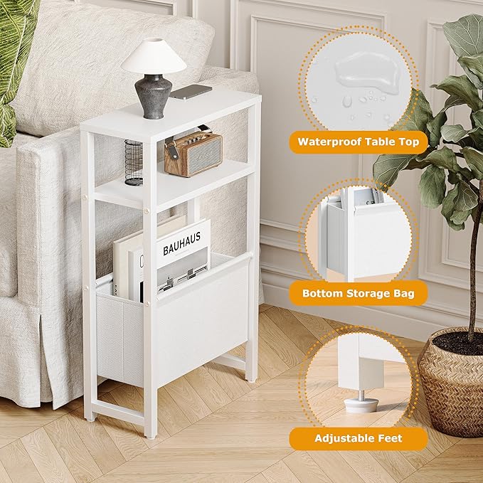 Narrow Side Table, Slim End Table with Magazine Rack, Bedside Table for Small Spaces, 3 Tier Sofa Couch Table Nightstand for Living Room, Bedroom, White LET503W