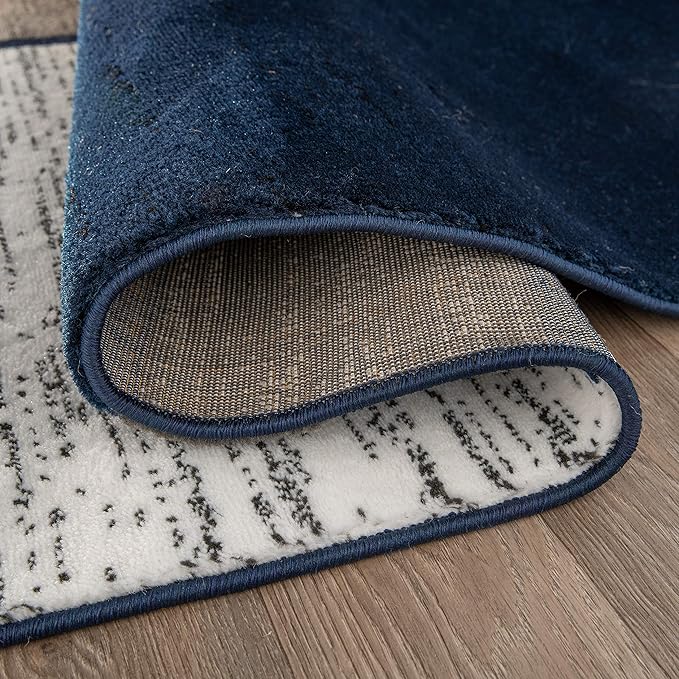 Rugshop Modern Geometric Boxes Navy Area Rug, Carpet with Jute Backing for Hallway, Entryway, or Laundry Room, 2' x 7'2"