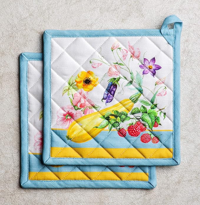 Maison d' Hermine Pot Holders Set 100% Cotton Heat Resistant Potholders 8" x 8" Hot Pads with Loop BBQ, Cooking, Baking, Grilling, Kitchen, Handling Hot Pans Spring/Summer (Pack of 2, Giverny)