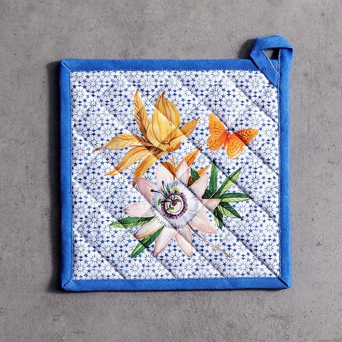 Maison d' Hermine Pot Holders 100% Cotton Heat Resistant Potholders 8" x 8" Hot Pads with Loop BBQ, Cooking, Baking, Grilling, Kitchen, Handling Hot Pans Spring/Summer (Pack of 1, Passiflora)