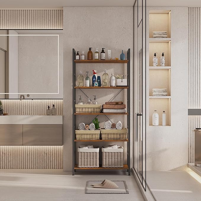 24" Bookshelf, 5-Tier Ladder Shelf, Industrial Bookcase, Wooden and Metal Storage Rack, Shelving Unit for Living Room Entryway Office, Rustic Brown Book Shelves