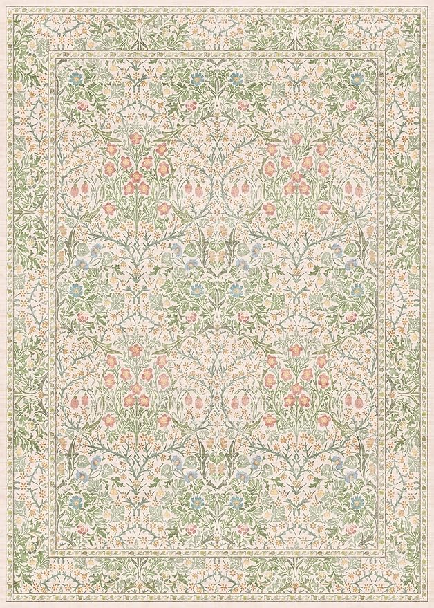 Vintage Washable Beige Green 10x14 Rug for Living Room - Extra Large Area Rug for Dining Room Under Table, Soft Low Pile Carpet for Bedroom - Victorian Forest Floral Design Non-Slip